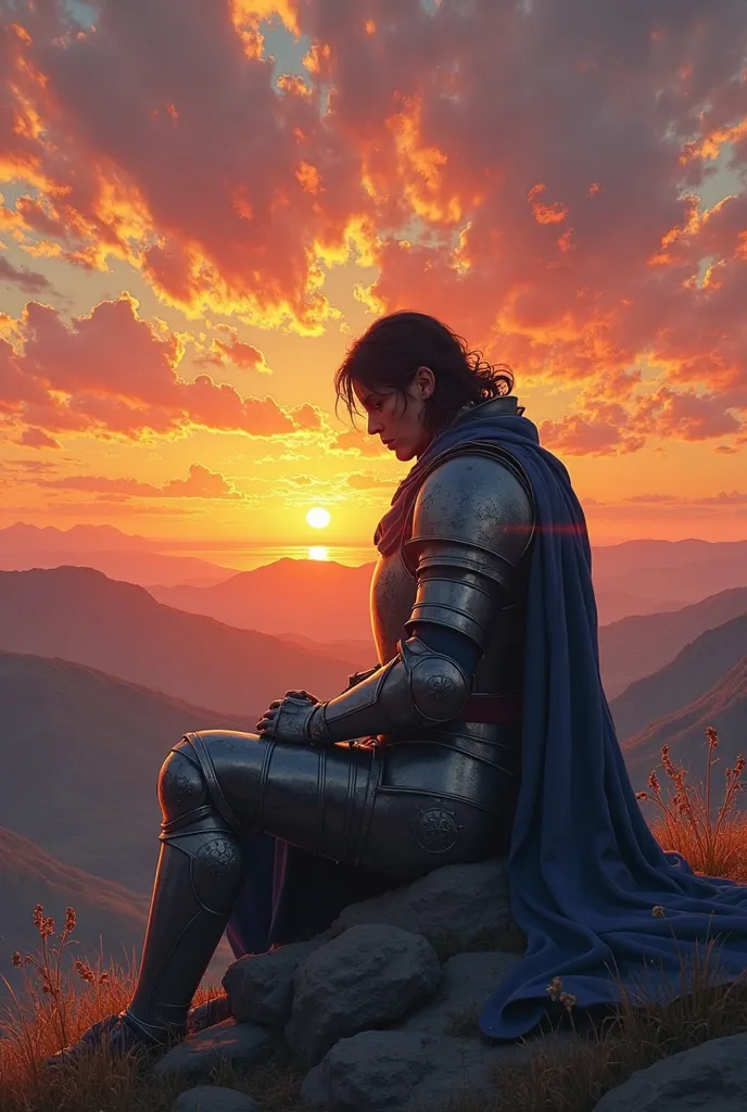 A knight sitting down while there’s a beautiful sunrise but the knight looks sad