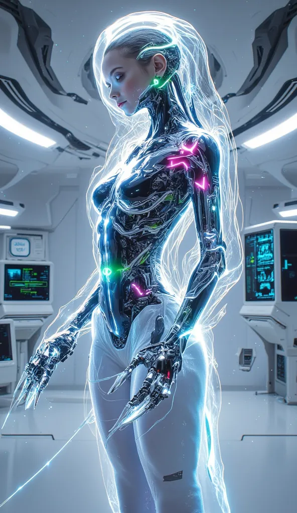 A graceful robotic assistant with a transparent shell revealing intricate neon-lit inner mechanics. Floating above a high-tech medical facility.