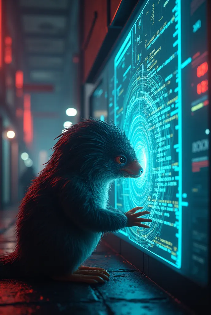 A tiny platypus hacker frantically tries to disconnect as lines of code spiral chaotically across the holographic screen. The glowing neon interface flickers with digital distortion, red warning alerts flashing: ‘TRACE DETECTED – DISCONNECT IMMEDIATELY.’ T...