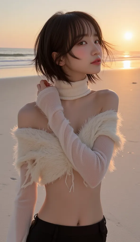 ((後ろ向きの full body photo、Beautiful woman staring into the distance、 full body photo、Twilight beauty、One-sided bob hair with beautiful black hair over one ear、 Beautiful Butts 、Poses that emphasize buttocks and thighs、 a gesture of putting hair over his ear、...