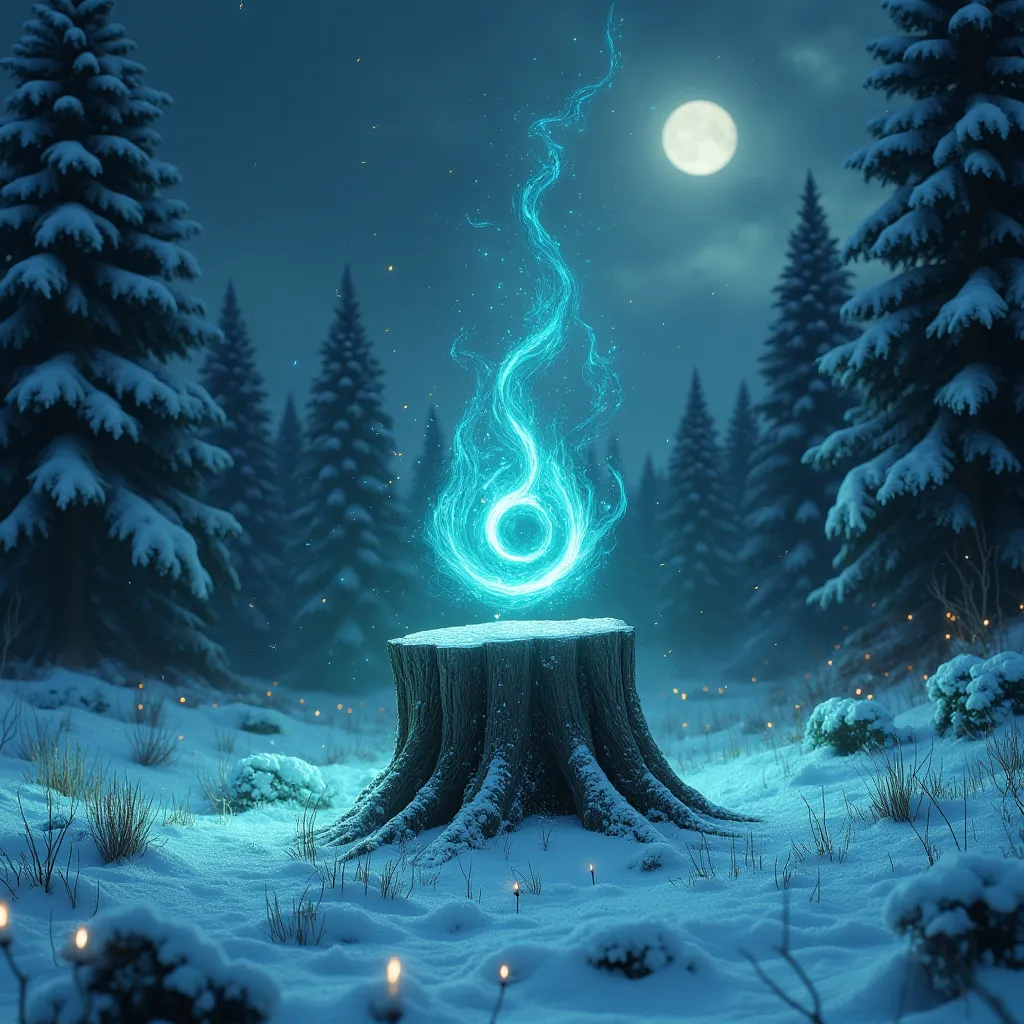 a stump in a snowy meadow. magic is circling around the coast, and a thin turquoise ring lies, glows with magical light, fairy tale, Night,  fairy lights , in the background, a snowy forest. through the trees the glowing eyes of mysterious animals