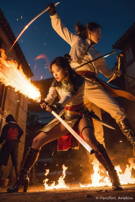 two female swordsmen、Flaming Sword、Fighting the Dragon