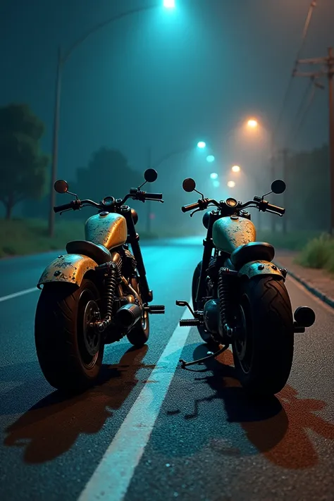 Background two motorbikes on the side of the road at night with a punk atmosphere