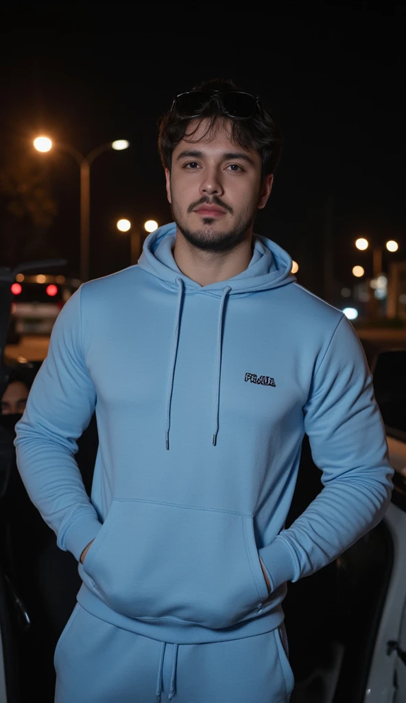 a handsome young turkish guy with muscle, dark very short hair fade middle parting and goatee beard  he wearing a light babyblue hoodie and a joggingpants in light babyblue and a small prada sunglasses is on his head  he is in a cabrio car with black seats...