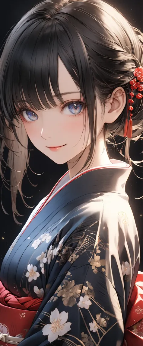 a Beautiful charming young anime girl, dynamic full body photo ,  close-up of girl with black hair wearing and wind yukata(  perfect anatomy )  Face Side Close-up .  Detailed Face .  realistic eyes .  Face and Eyes Very Fine , cowboy shot, thin skin , thin...