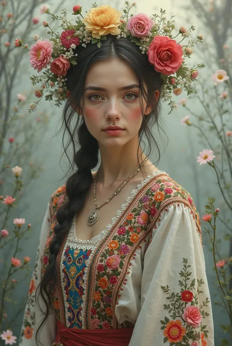 Ukrainian girl in embroidered shirt, wreath, whose mavka looks out from behind