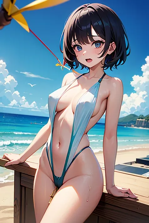 (masterpiece, best quality、super detailed skin:1.1)、 1 girl、Blue Eyes、cute、 black hair、(short hair)、(slingshot swimsuit:1.5), (nude:1.3),large breasts,(bare navel:1.2),(macro shot)、 sandy beach、Painting、(naughty1.1)、(open mouth:1.2) 、 (love juice:1.2)、(ste...