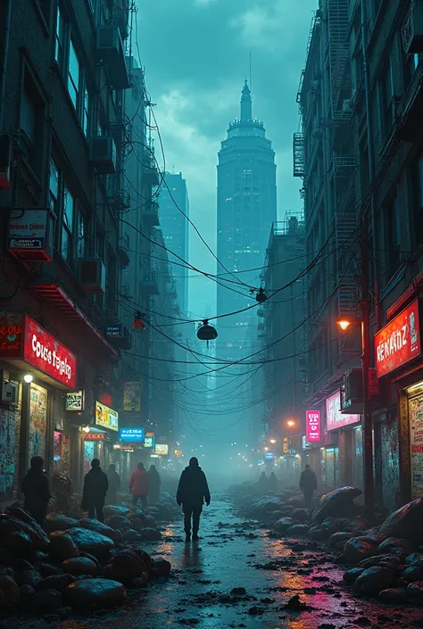 gloomy , neon-lit city
 Apocalyptic atmosphere
 Digital surveillance codes as a sign of control System-critical graffiti & keywords
 • Mysterious torn posters as a symbol of hidden truth System-critical graffiti & keywords
 • Mysterious energy
 • Torn post...