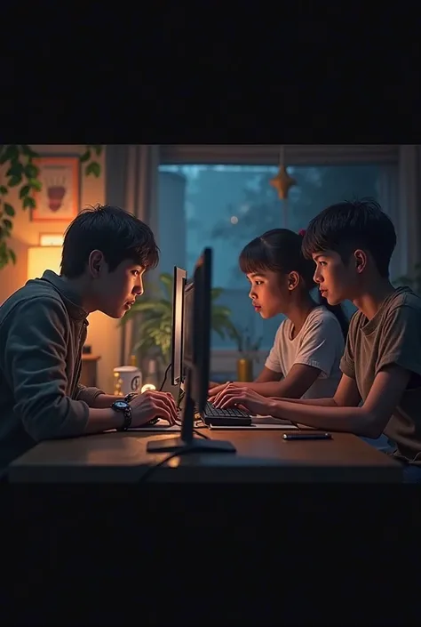 Draw a group of friends playing Pubg, let one man be on the left and the other two on the right sit at the table