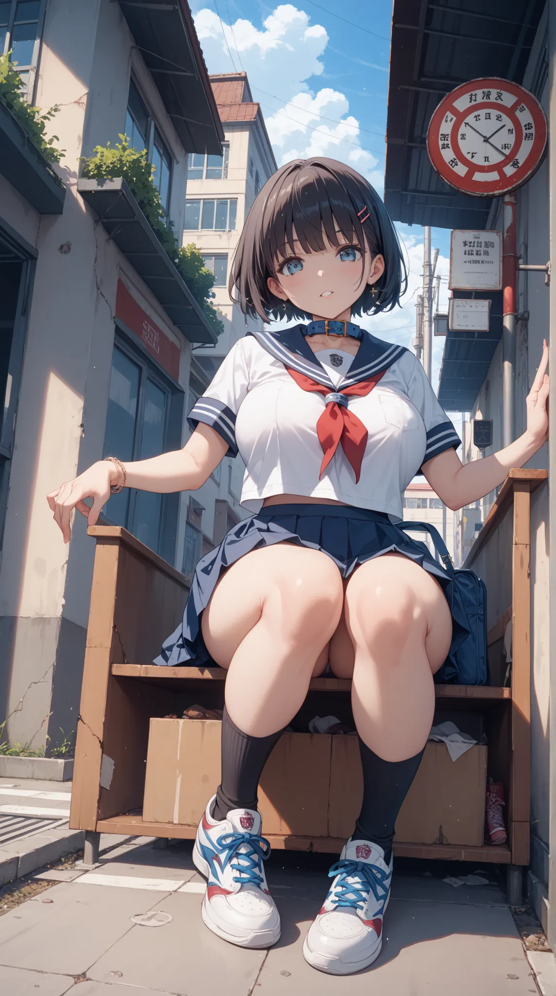 sailor suit,  Short sleeve,  red ribbon, white ,  navy blue collar  , high school girl, Big Breasts , big boobs on an abandoned street corner, schools, miniskirt, big breasts, ceiling, feet, Sneakers, knee-high socks ,  short hair ,綺麗なfeet