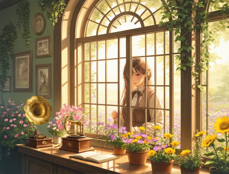 in the coffee shop, in front of the window, there are flowers and vines on the windowsill. Below the window, there are sunflowers, roses, cosmos , gramophone, no human , no one in this picture