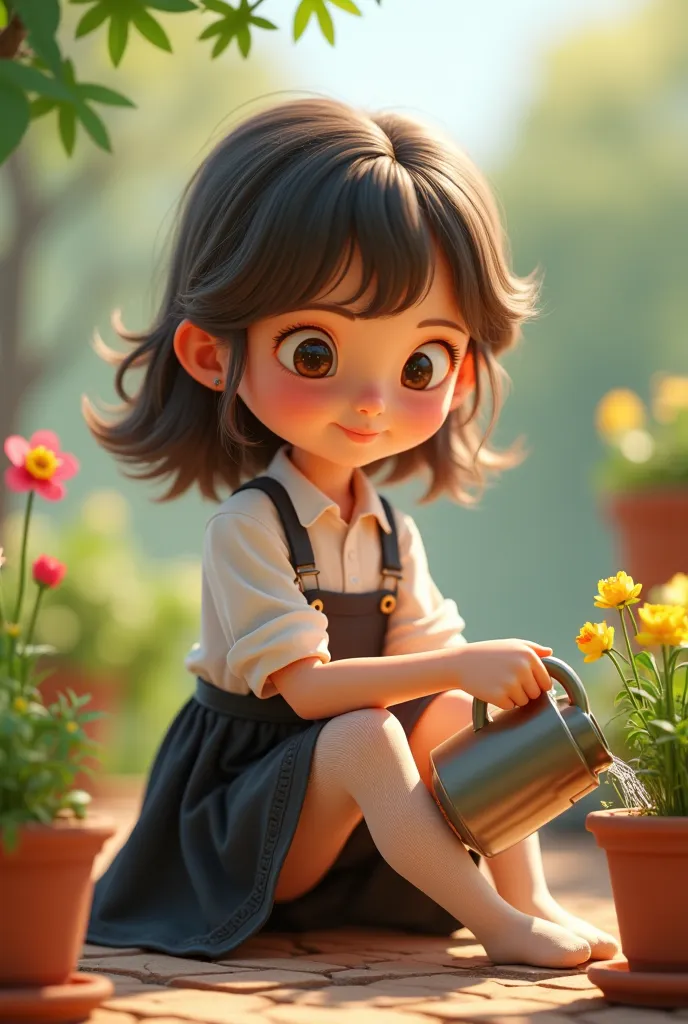 A cartoon girl  ,loose wavy hair dressed in a white shirt, black skirt,long white stockings, Half-seated watering a plant 4k,computer,vibrant colors,  animated 