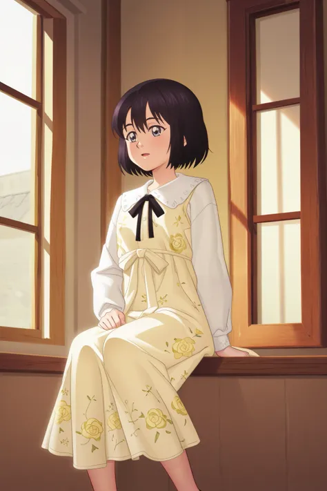 Helen Keller in anime style, sitting by the window. Dressed in pastel yellow.