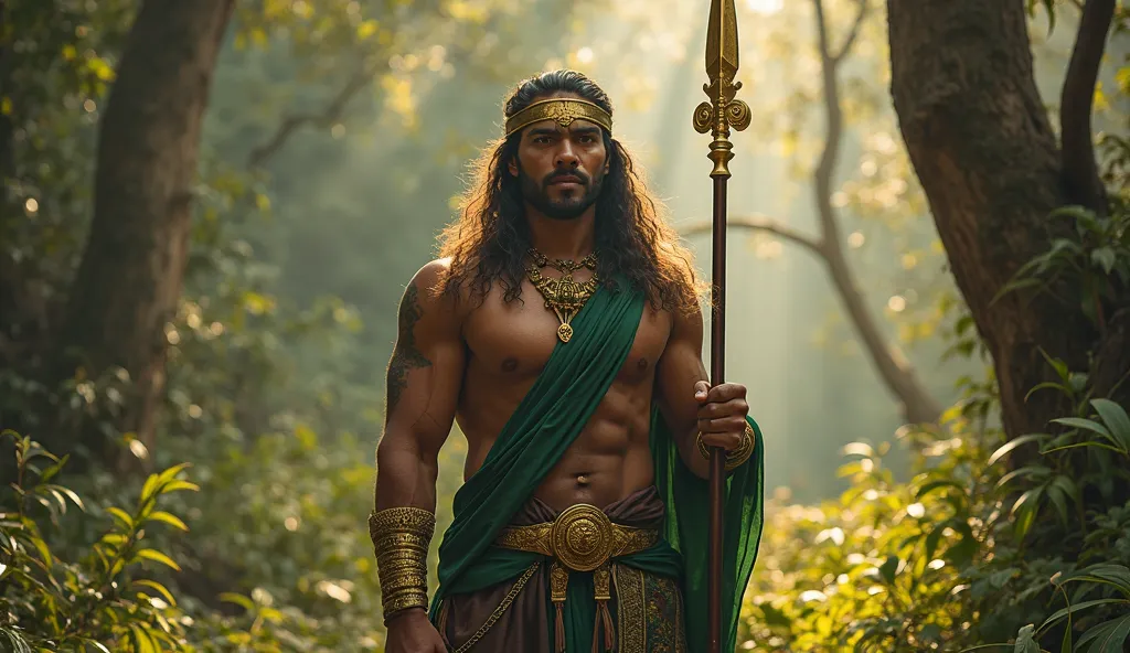 professional photo, photography, an Indonesian Majapahit king, long hair, wearing a gold headband, bare chested, wearing a green shawl over his shoulders, gold shoulder bracelets, shoulder belt, cloth, hunting in the forest, holding a gold spear in his han...