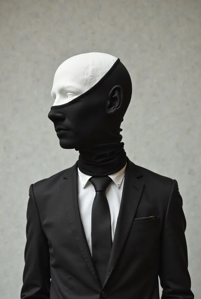 A man stands wearing a formal suit without a tie. His face and entire head are covered by a fabric mask that is split into two halves—one side is black, and the other side is white. The contrasting colors of the mask create a striking and mysterious appear...