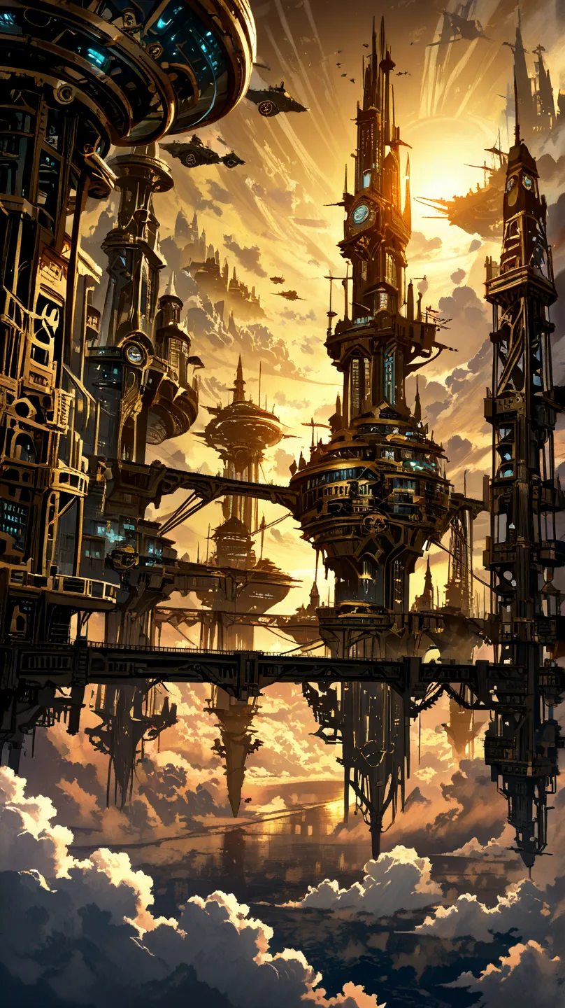 A mysterious floating island city in a steampunk anime world, with colossal brass towers and massive airship docks. Gears and pipes cover the buildings, while bridges connect sky islands suspended in the clouds. The sun sets, painting the sky in golden hue...