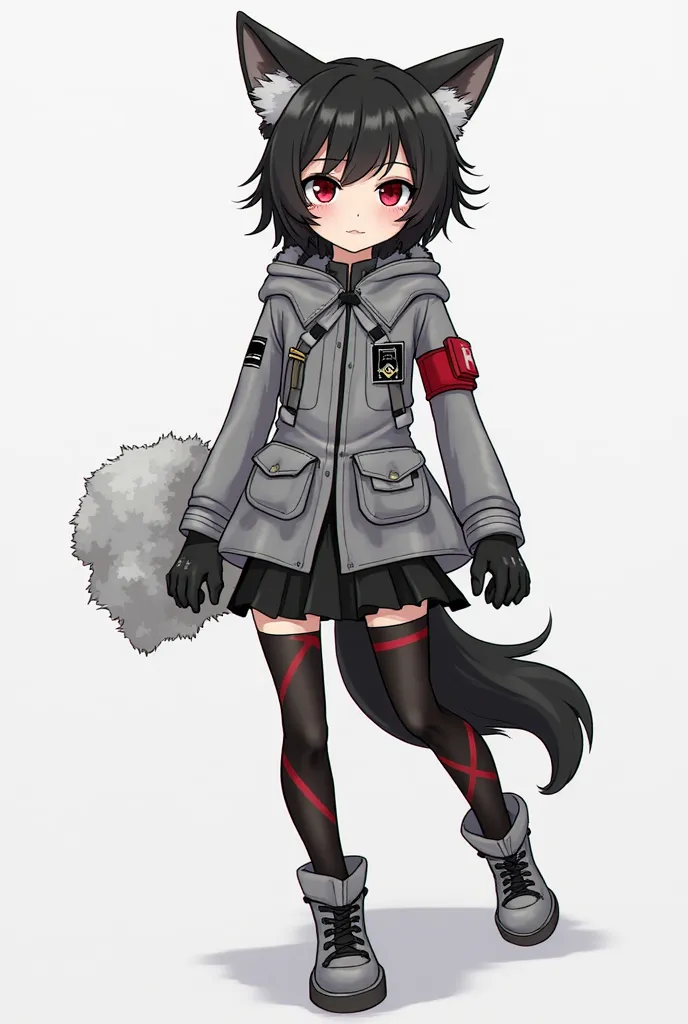 Black Hair, Red Eyes, Wolf Cut Hairstyle, Short Hair, Grey Tactical Jacket, Sharp eyes, Black Skirt, Thigh Highs socks, Combat boots,Tactical Gloves, Red Armband on right arm, Detailed Faces,, Looking at Viewer, Fox Ears, Fox Tail, Red Striped panties