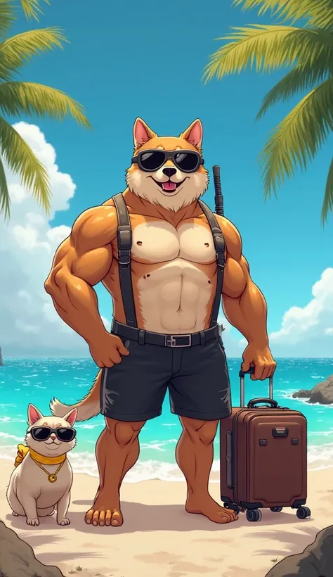 "A muscular anthropomorphic dog and a small cat wearing sunglasses and black shorts, standing on a tropical beach with palm trees and clear blue skies. They are equipped with scuba diving gear and luggage, ready for an adventure by the sea."