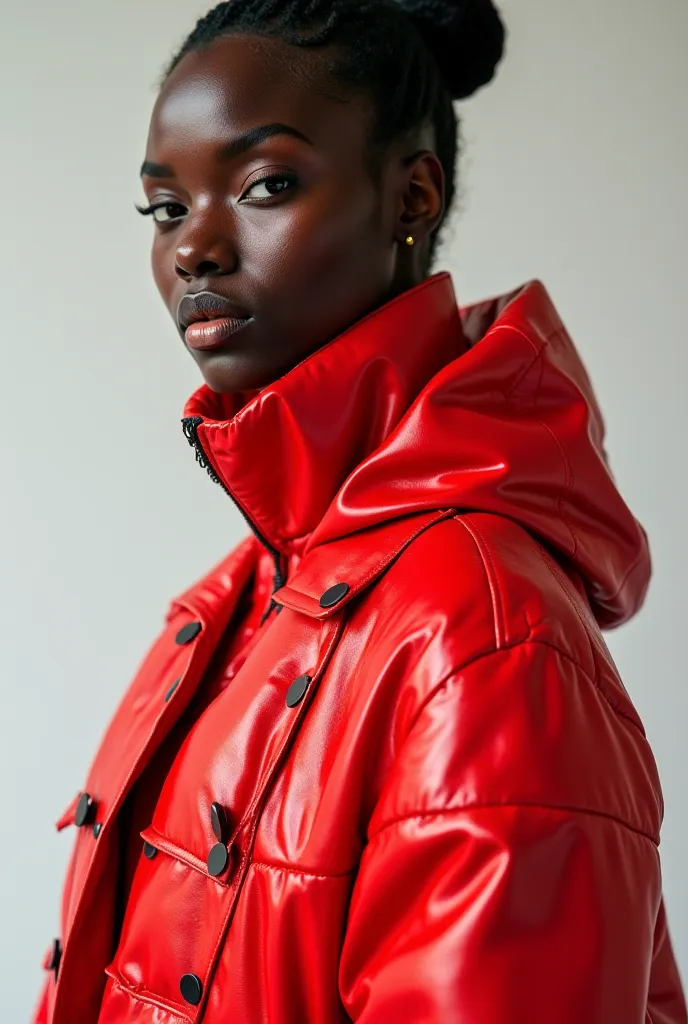 beautiful dark skinned model lady show head to toe with creative clothes ideas add Beatles in the cloth and whole body creative clothes creative design that never exits the clothes color should be red