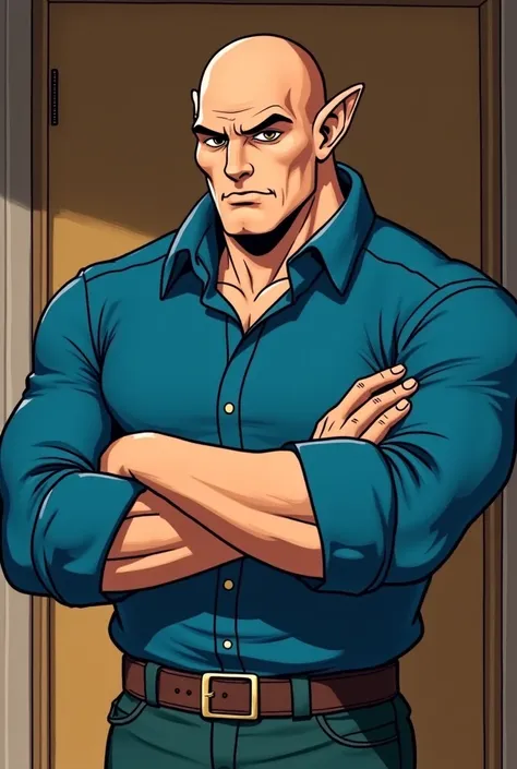 A tall and very muscular man, bald and has the ears of a leprechaun, Does this man seem serious ,  he has brown eyes, He has his arms crossed, wearing a blue blouse and is standing in front of a room door. comic book style animation 