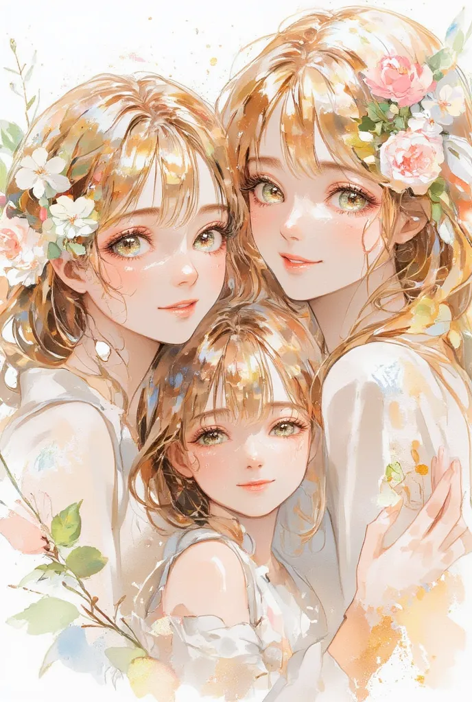 (masterpiece, best quality):1.4, super fine illustration
an extremely cute and beautiful girl,
highly detailed beautiful face,smile, (full body:1.5),
A family gathered together, smiling for a photo,
BREAK
(((3people,sisters,family))),
BREAK
watercolor styl...