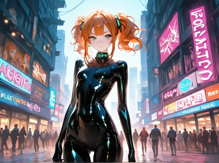  1girl , girl, very skinny,  glossy latex bodysuit, girl, beauties, ginger hair, very thin thighs, small breast, look at the front, Jump , background　future　Night City　Crowded buildings　 neon sign 　Aerial view　A hazy moon