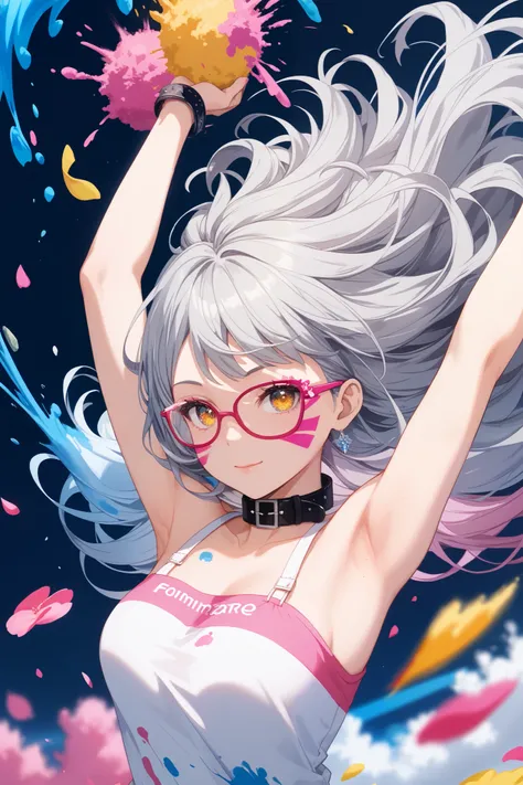 Glasses、glasses、glowing eyes、long hair, gray hair, masterpiece, top quality, very beautiful, absurd, with bangs, glasses, yellow eyes,黄Colored eyes, Glasses、（ Pink Fashion T-Camisa ，：1.9），（colorfulな髪：1.8），（rainbow all colors：1.8），（（（（Vertical pint ng：1.6)）...