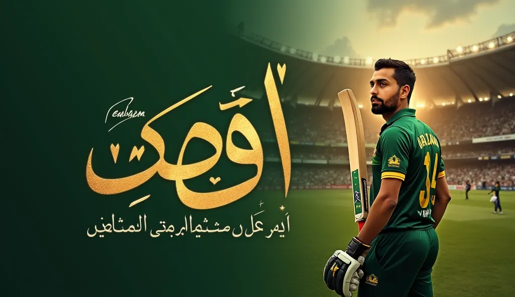 "بابر" (Babar) written in bold, stylish Urdu calligraphy at the center, glowing with a golden aura. Below it, "Babar Azam – The Pride of Pakistan" is displayed in elegant English typography. Babar Azam stands in the foreground wearing his Pakistan cricket ...