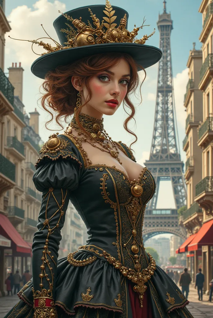 photo of (( )), wearing elegant dress steampunk items, modern day in Paris , intricate, elegant, highly detailed, digital painting, artstation, concept art, smooth, sharp focus, illu0.8ation, art by artgerm and greg rutkowski and alphonse mucha