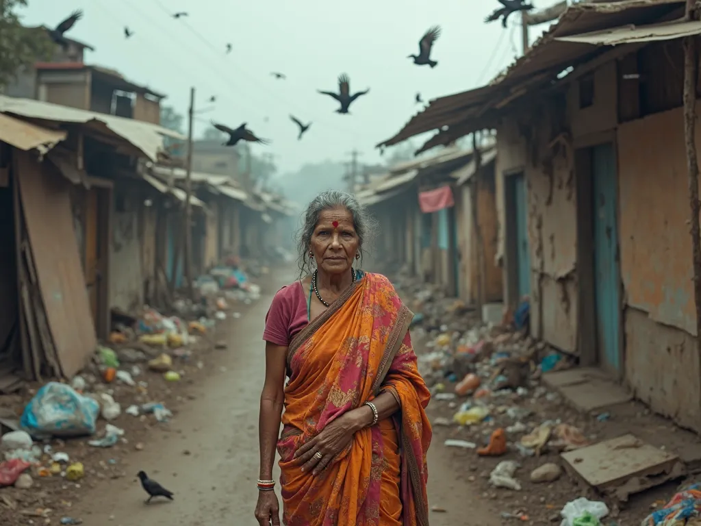 Slums in India, view from the ground, realistic style, cloudy sky, piles of garbage scattered around, flies and crows flying around, creating an atmosphere of poverty and desolation. In the center of the composition is a middle-aged woman in traditional In...