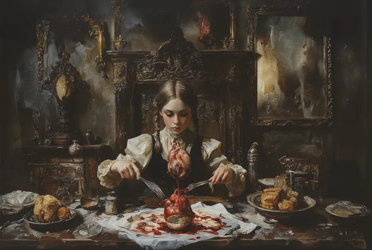 A haunting oil painting depicts a young girl seated behind a dimly lit, ornate dinner table in a posh, yet eerie dining room. Her Victorian-era dress and side braids are juxtaposed with the gruesome plate before her, filled with blood and a human heart. Th...