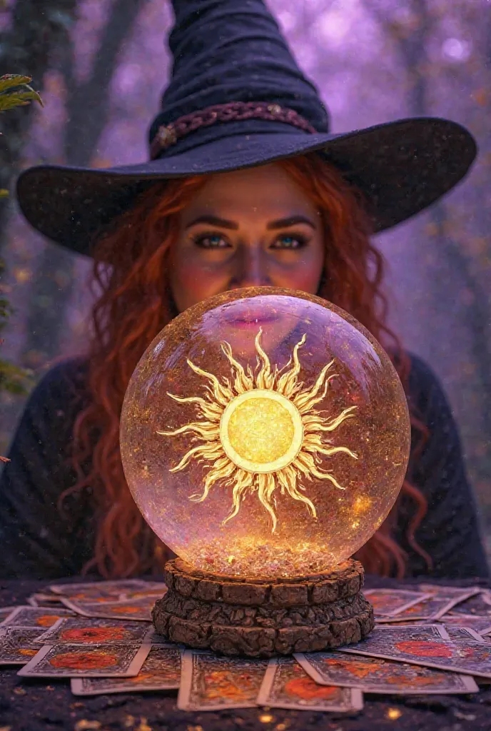 Create the image of a crystal ball that has the design of a sun on its bulky and curly glass, and behind it a range of tarot cards and a witch right behind her hair up to her shoulder, red-haired, in a mystical environment and in purple and gold tones digi...