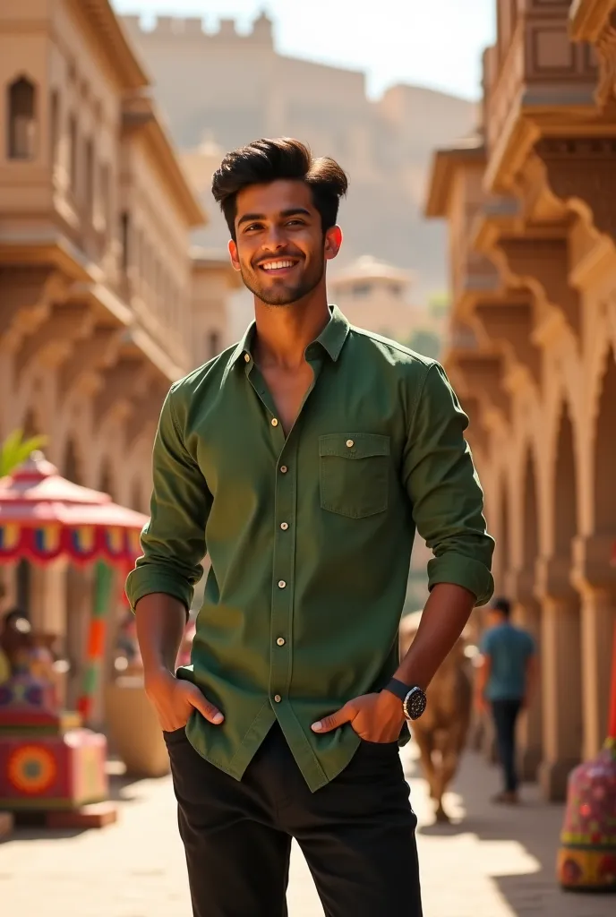 A tall young man with a fair skin tone, wearing a green shirt and black pants. He has neatly styled black hair and a confident expression. His posture is relaxed yet stylish, with a slight smile as he looks ahead. The background is a traditional Rajasthani...