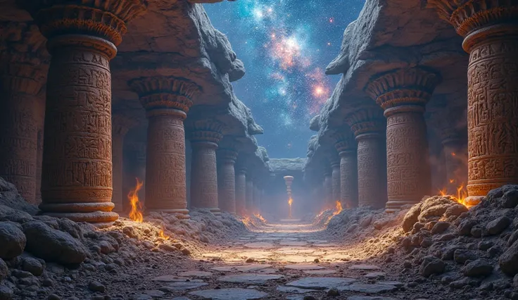 mysterious, divine, finest image, 8k, RAW photo, realistic, fantasy, art of ancient civilizations, digital art, underground ruins, aerial ruins, hieroglyphs, abstract paintings, background space galaxy, detailed, delicate, flashy and dynamic depiction


