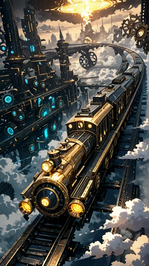 A grand steam-powered train speeding through a futuristic anime steampunk world. The locomotive is covered in brass plating and intricate gears, emitting thick clouds of steam. The tracks stretch into the horizon, cutting through neon-lit industrial cities...