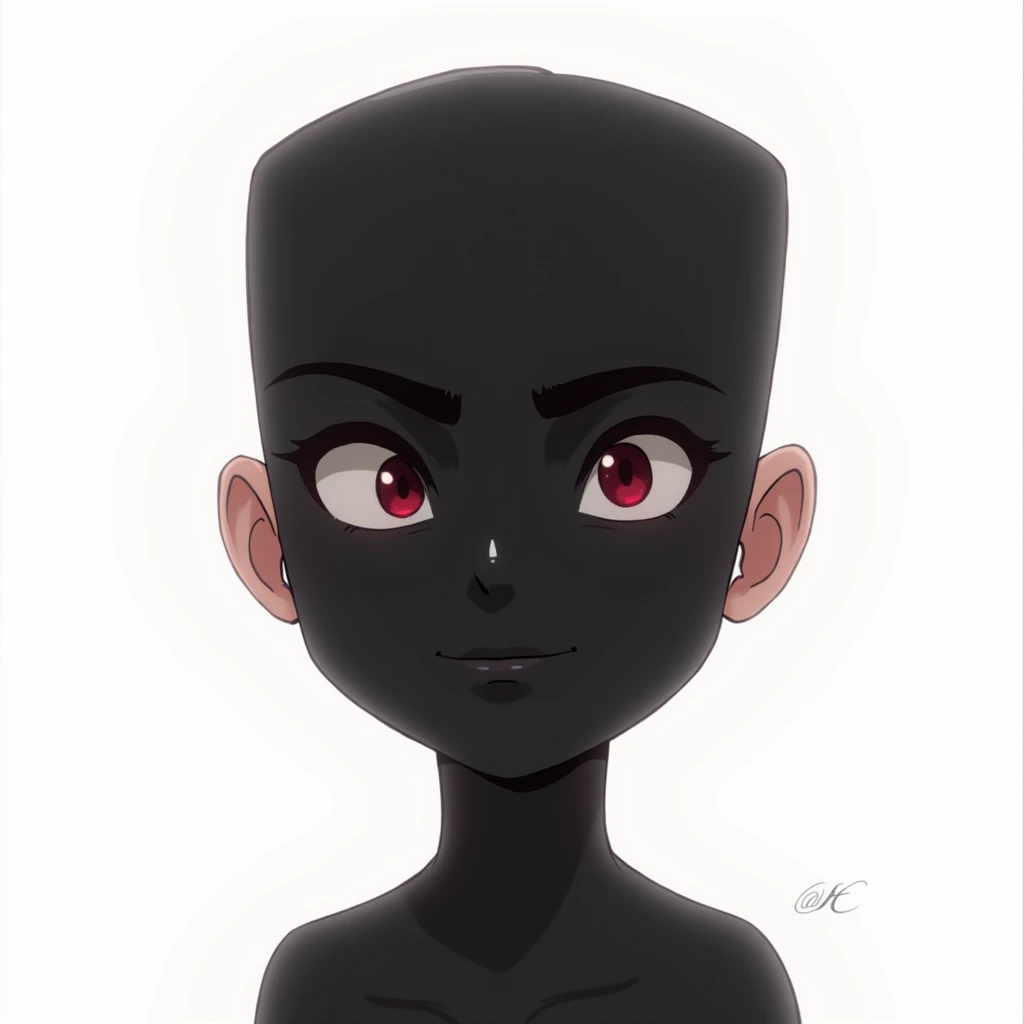  A simple picture of animation, with a natural smile, a black body color and a rectangular face, on a white background with unhuman features, including his dark red eyes with thick eyelashes, which captures a feeling of confidence, charisma and strictness,...