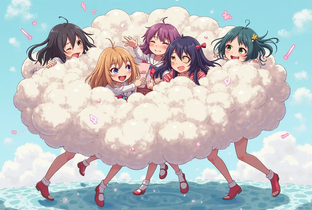 An anime-style illustration depicting many fan-girls playfully wrestling with each other inside a comical fight cloud.
each fan-girl has different colored hair.
their faces,hands,and feet are visible emerging from the cloud as they tussle humorously,  with...