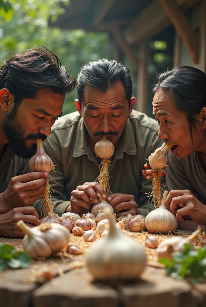 Asians gnaw bearded garlic bulbs