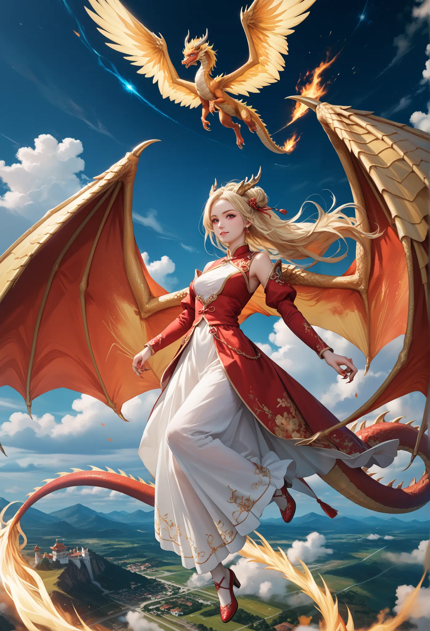 anime girl (blonde hair, in a long dress),Chinese dragon,zavy-chnsdrgn (One, Golden Dragon with Five Claws, Two wings),Flying across the sky Clear rendering of details,Majestic view,Captivating beauty,masterpiece,Mystical Glitter,Pleasant atmosphere,wallpa...