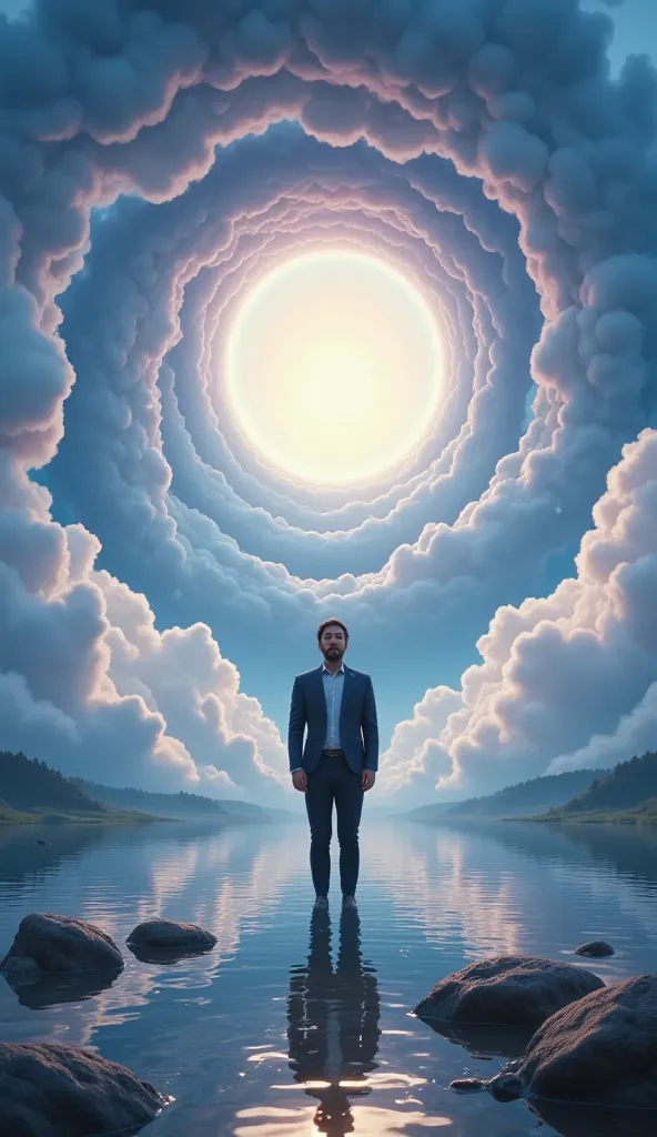 A man stands in the middle of a tranquil lake, surrounded by swirling vortex of clouds that blend seamlessly with the surreal, mystical atmosphere. The scene evokes a fantasy art masterpiece, featuring a huge glowing magical rainbow portal in the sky, a ga...