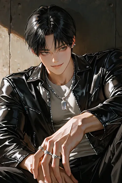 middle-aged male, handsome, Lying, black hair,  1 man with a gun,  dark circles under the eyes , short hair,  male-centered, handsome man, Thick painted ,   Korean Comic Style  ,  semi-realistic art  ,  semi-realistic art  style, expressive brushwork, vibr...