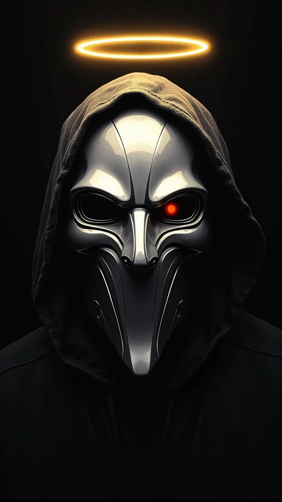 Capture a striking portrait of MF DOOM's iconic mask against a stark black background, emphasizing its reflective, metallic surface with a range of grays, whites, and subtle hints of red and yellow. The mask dominates the center of the composition, rendere...