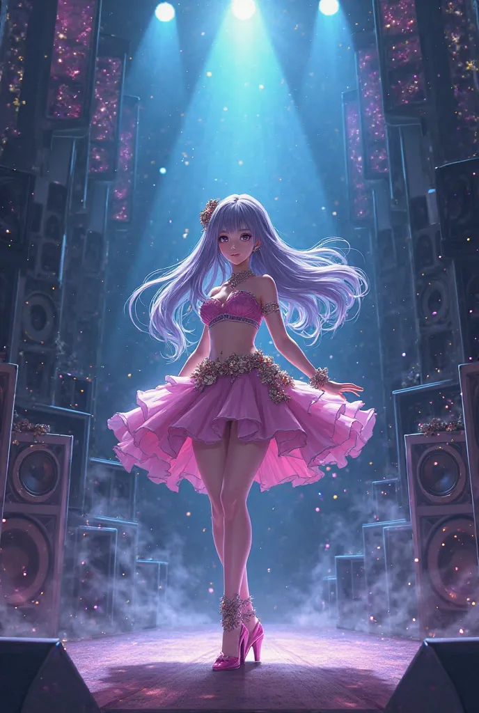  Song cover, anime beautiful girl on stage, next to the stage speakers above her