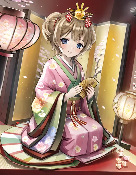  young girl dressed in a traditional Japanese hina doll cosplay, celebrating Hinamatsuri on March 3rd. She wears a beautiful multi-layered kimono in pastel pink and red with intricate golden patterns, resembling an elegant Empress. Her hair is styled in a ...