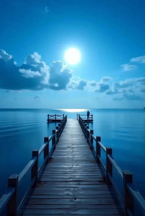 a beautiful wooden pier overlooking the ocean, serene, calm water, clear blue sky, wispy clouds, moonlight filtering through, idyllic landscape, detailed architecture, detailed wooden planks, atmospheric lighting, photorealistic, cinematic, award winning p...