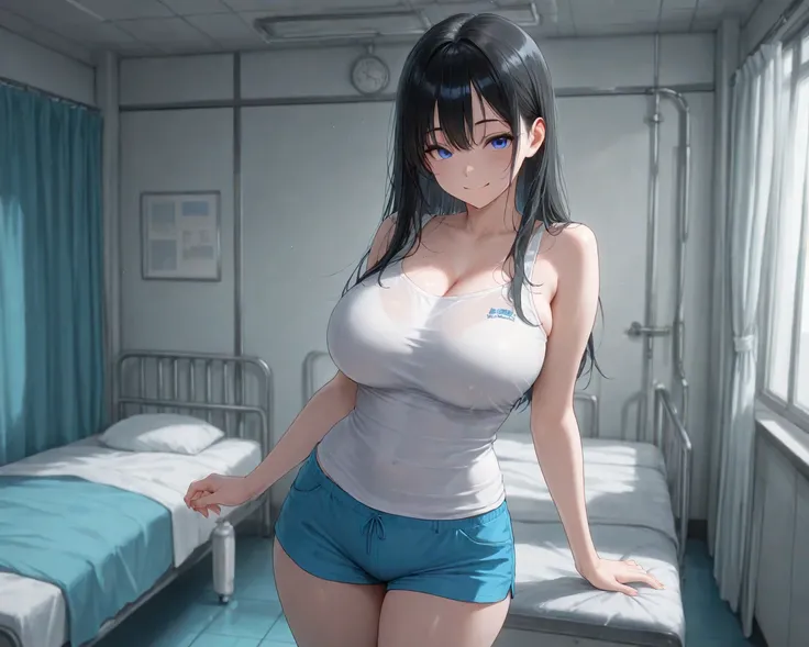 (((Alone))), standing, very cute face, cute girl,  long hair,  black hair, Light blue eyes that are tightly open, kind smile, big breasts,  Kirby beauty, white tank top,  blue shorts, perfect smooth skin, indoors,  Private hospital room with bed , masterpi...