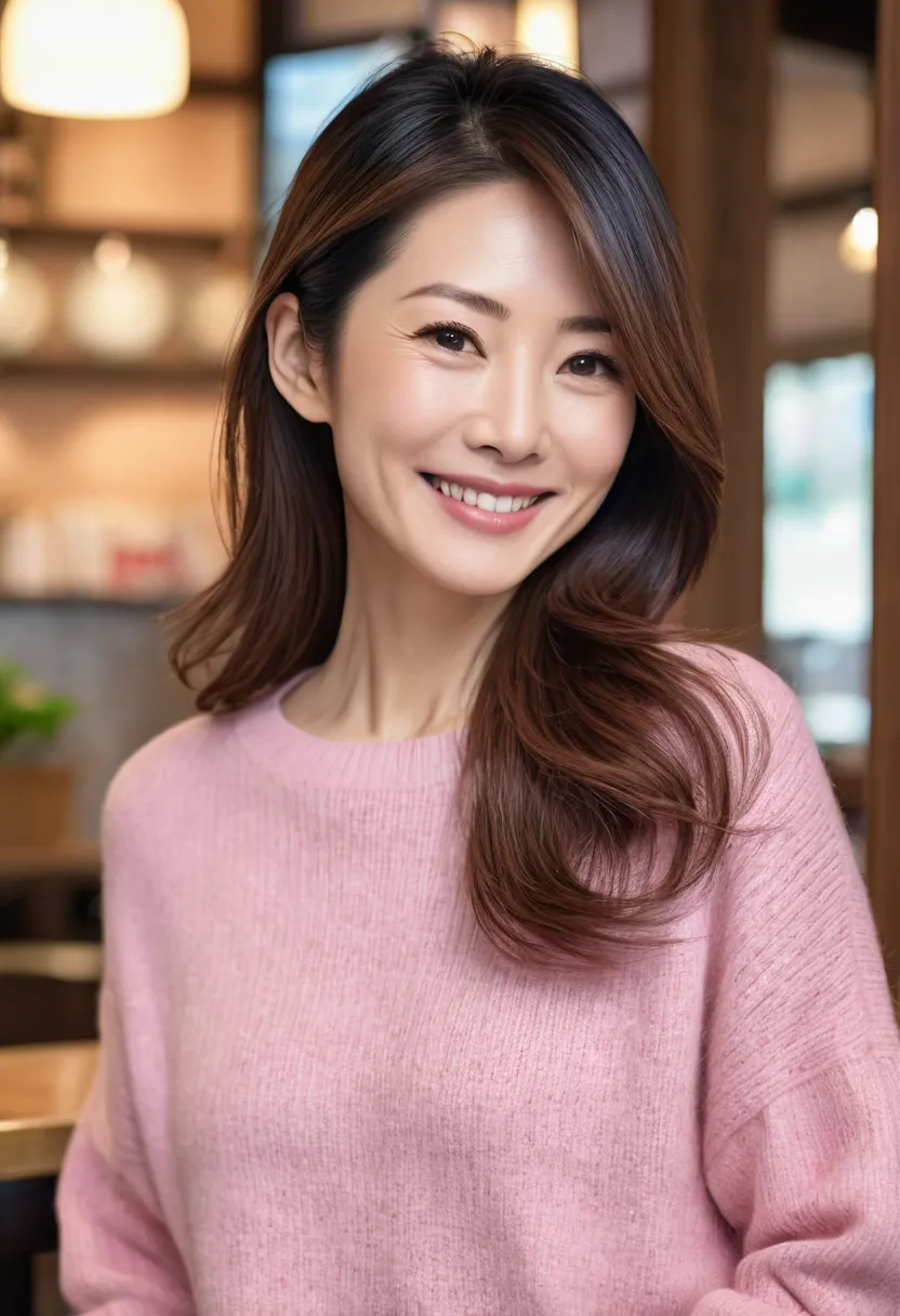  Top Quality,   A very exquisite masterpiece    ,  realistic style , A beautiful Japanese woman in her 40s、  pink sweater facing straight、 semi-long hair、smile, ４０generation、 detailed face、前hair,  hair, 目の間の前hair,   medium hair, Cafe Background、No wrinkles