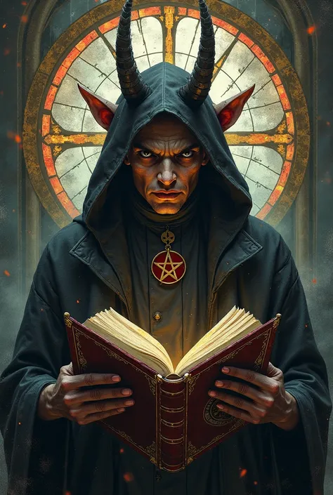 a close up of a person holDing a book with a pentagram, tiefling, Baphomet, elDritch goD, von Joe Fenton, Dark fantasy esoteric, Okkultist, Wicca, cosmic tiefling D&D, , wicca, Satanismus, painteD in the style arcane, horneD goD, Okkulte Kunst, as churches...