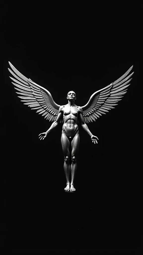 Capture a monochrome digital rendering of the winged anatomical figure from Nirvana's "In Utero" album cover, set against a stark, solid black background. The figure, positioned centrally, is depicted with a reflective, metallic texture, showcasing highlig...