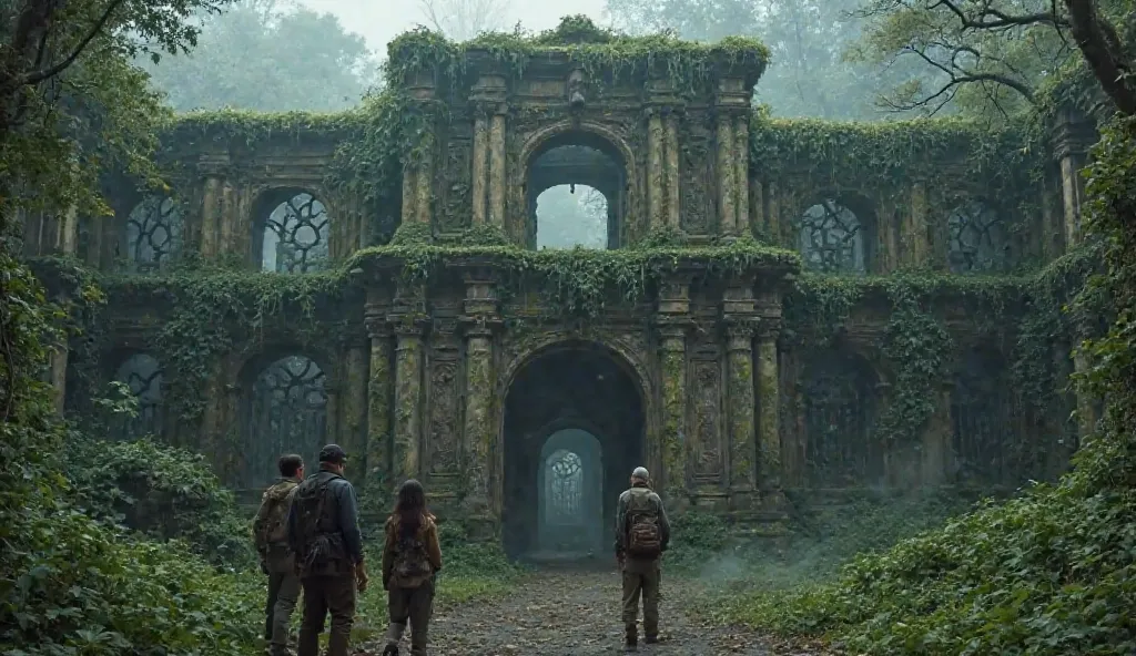 "A group of explorers standing in front of a massive, abandoned palace covered in vines and moss. The entrance is dark and eerie, with an old wooden gate slightly open. The atmosphere is foggy, and an elderly local guide is warning them about the place."
